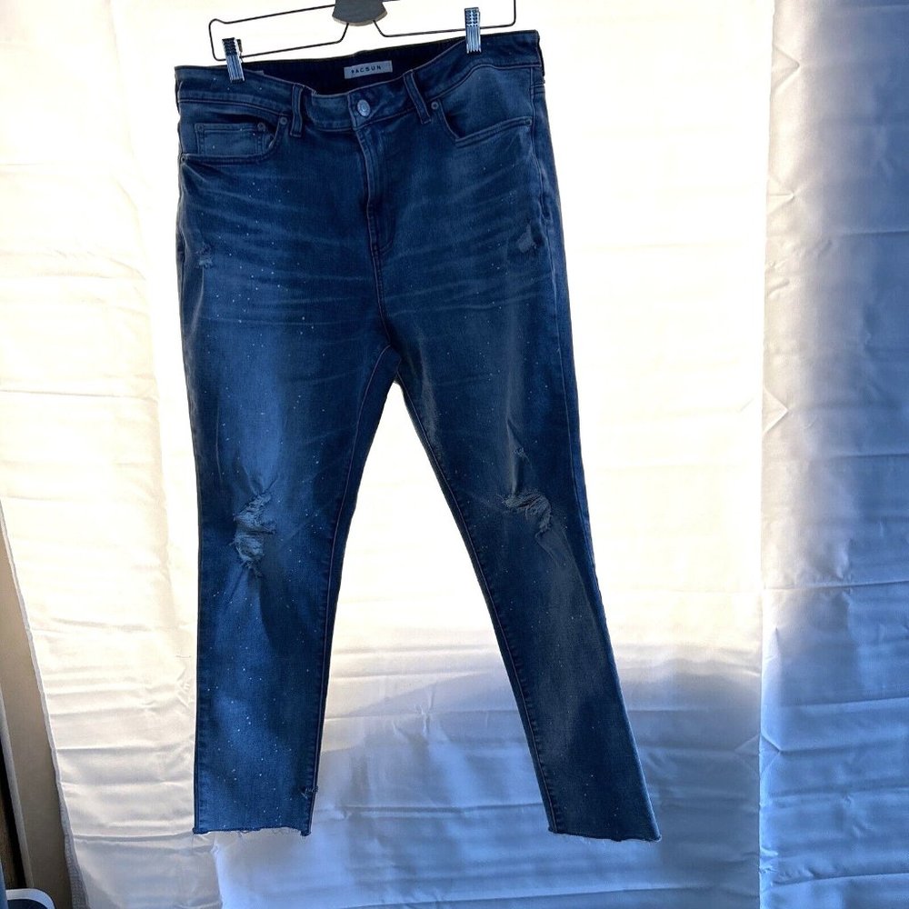 PacSun Womens Stacked Skinny Stretch Jeans Lt Wash Denim Distressed 36 x 32 - Picture 1 of 13